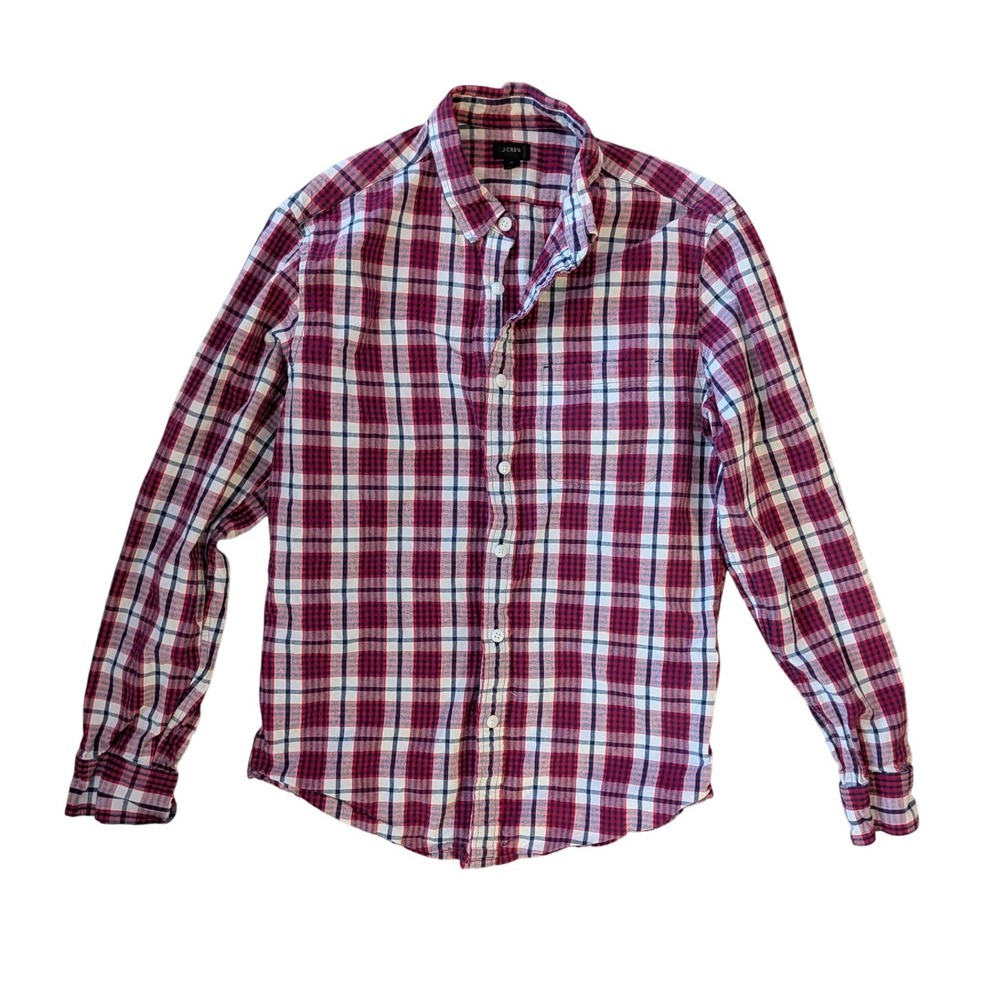 J.Crew Men's Classic Red Plaid Long Sleeve Button Down Cotton Shirt- Size M
